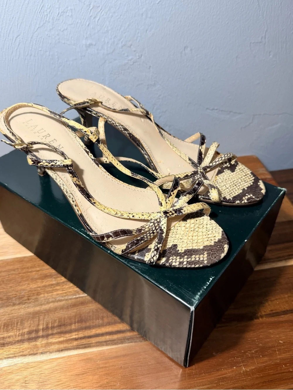 Lauren Ralph Lauren 7.5 Snake-Print Strappy Slingback Sandals - Beige/Brown - Picture 2 of 6